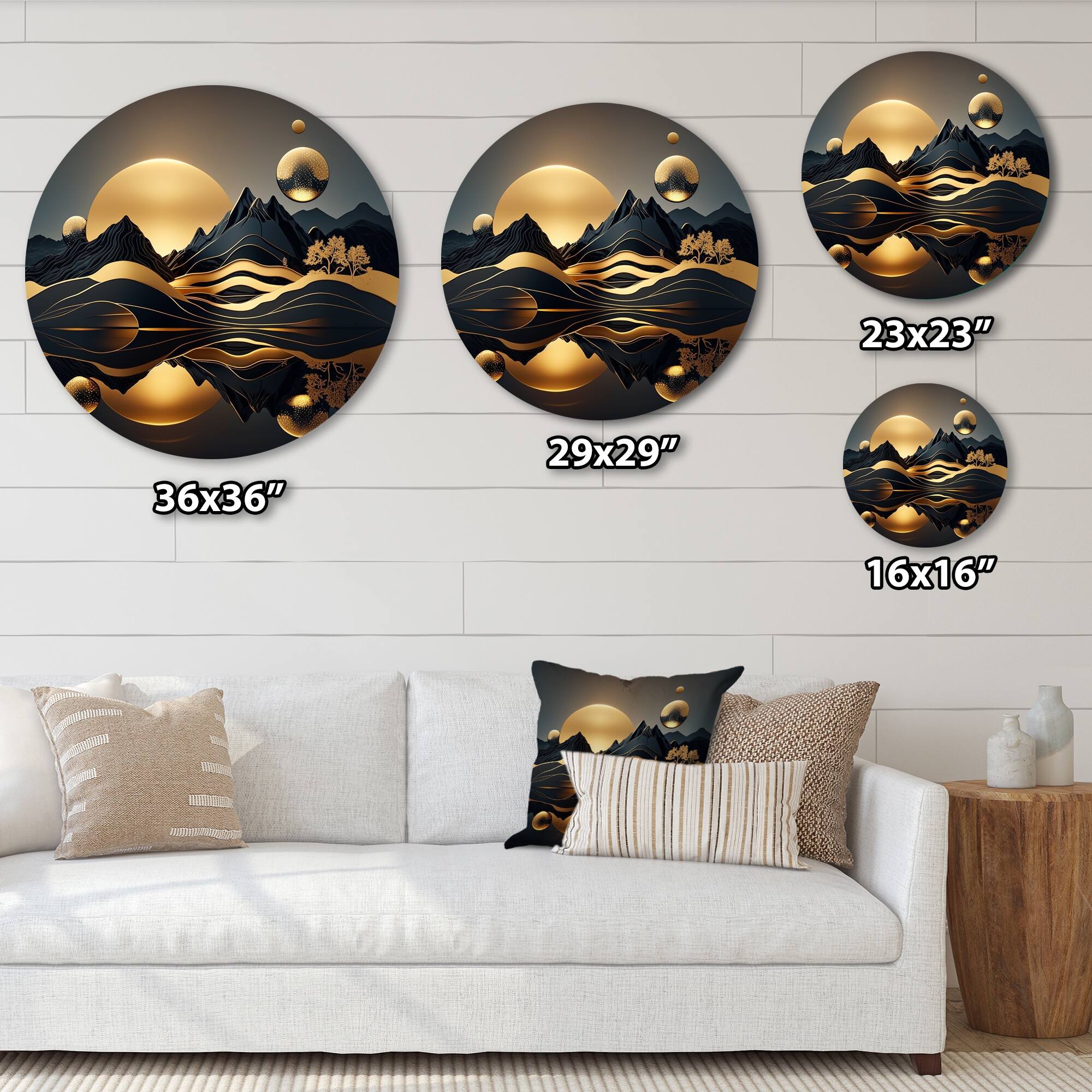 Designart "Gold Metallic Beach View V" Minimalism Landscape Metal Round